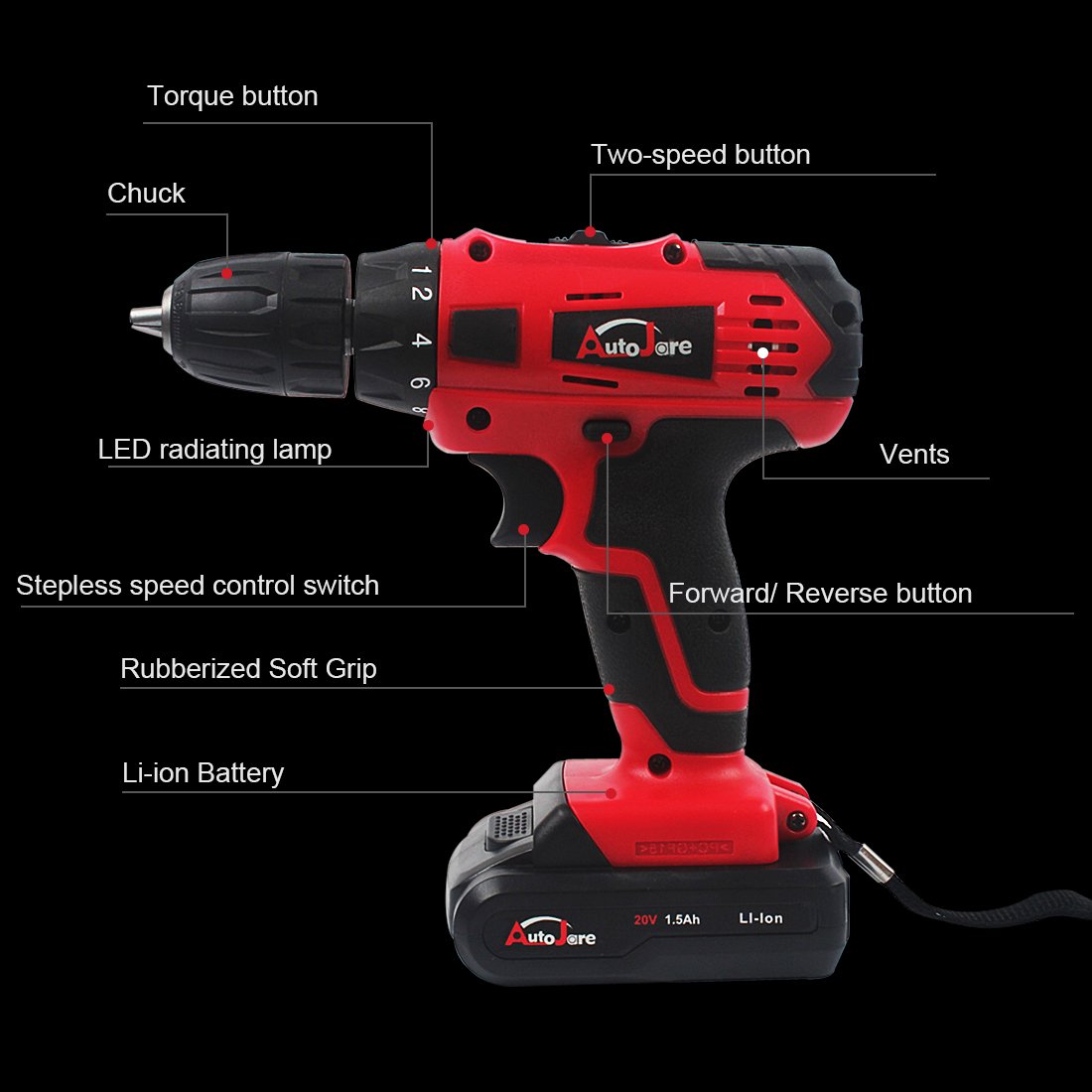 20V Electric Cordless Drill 3/8" Keyless Chuck, Lightweight Cordless