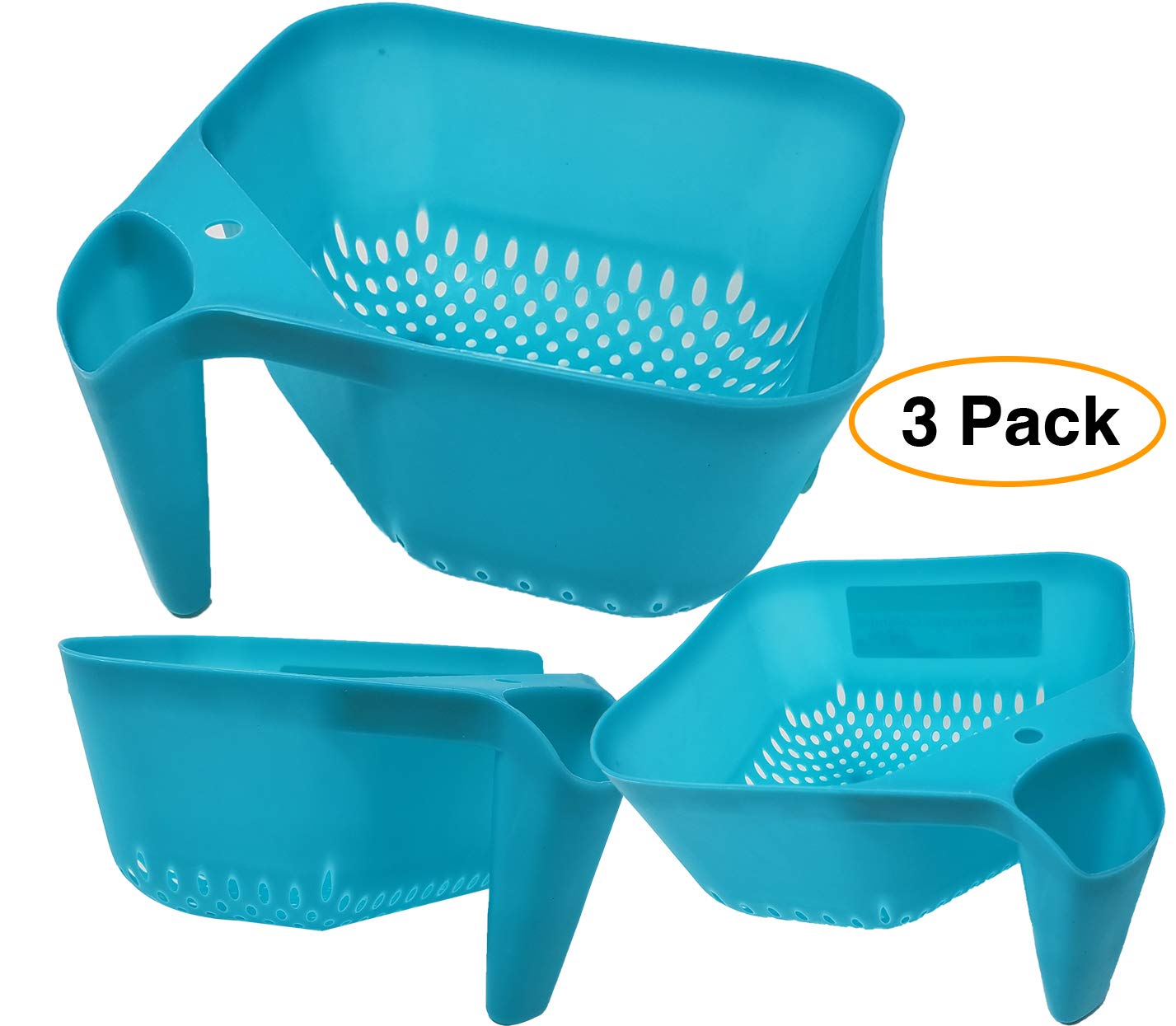 Pasta & Vegetable Strainer Square Colander with Handle (3 Pack) Blue Dishwasher Safe. BPA