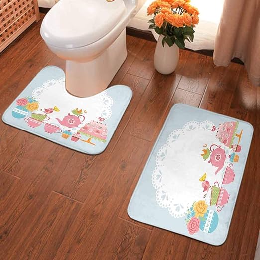 Amazon Com Quickly Dry Non Slip Bathroom Rugs Set Two Birds Enjoying Tea And Various Sweets Pale Colored Image Soft Plush Anti Slip Shower Rug Toilet Mat Multicolor Home Kitchen