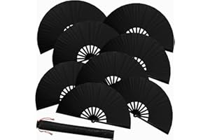 ATTRACME 8 PCS Large Folding Fans Set for Line Dance & Popping, Boots on The Ground Hand Fans with Fan Sleeves, Chinese Kung Fu Fan for Line Dancing for Men Women - Black