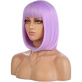 eNilecor Short Bob Hair Wigs 12" Straight with Flat Bangs Synthetic Colorful Cosplay Daily Party Lilac Neon Wig for Women Natural As Real Hair+ Free Wig Cap (Lavender Purple)