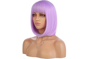 eNilecor Short Bob Hair Wigs 12" Straight with Flat Bangs Synthetic Colorful Cosplay Daily Party Wig for Women Natural As Real Hair+ Free Wig Cap (Lavender Purple)