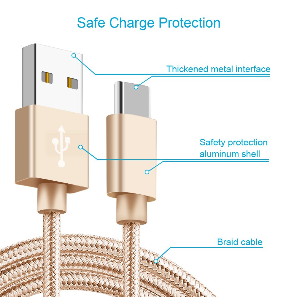 USB Type C Cable, HUNDA USB C Cable (USB 2.0) Data Sync Nylon Braided Charging Cord for Samsung GALAXY S8 S8+, Huawei P10 Mate9, Nintendo Switch and all other USB-C Devices (3.3 Feet /2 Pack, Gold)
