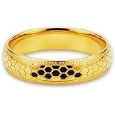 munone 4mm 18K Gold Plated Honeycomb Pattern Ring Textured Geometric Band, Stackable Minimalist Design Non Tarnish for Women