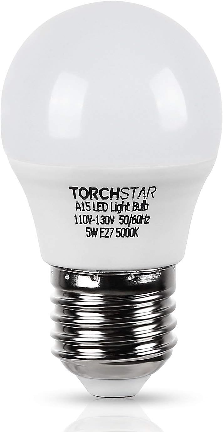 TORCHSTAR 5W A15 LED Light Bulb, 40W Equivalent Refrigerator Bulb, 450lm, Omni Directional, E26 Base, 5000K Daylight for Ceiling Fan, Desk Lamp, Floor Lamp