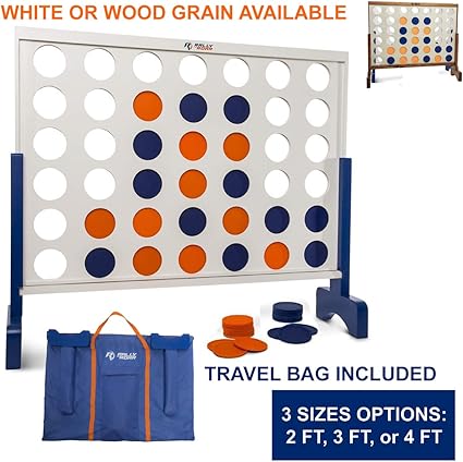 Giant 4 in A Row, 4 to Score Wooden Four Connect Game Set in White or Wood Grain and 3 Size Options (2, 3, 4) - Oversized Family Outdoor Party Games for Backyard, Lawn, Parties, Bar Game