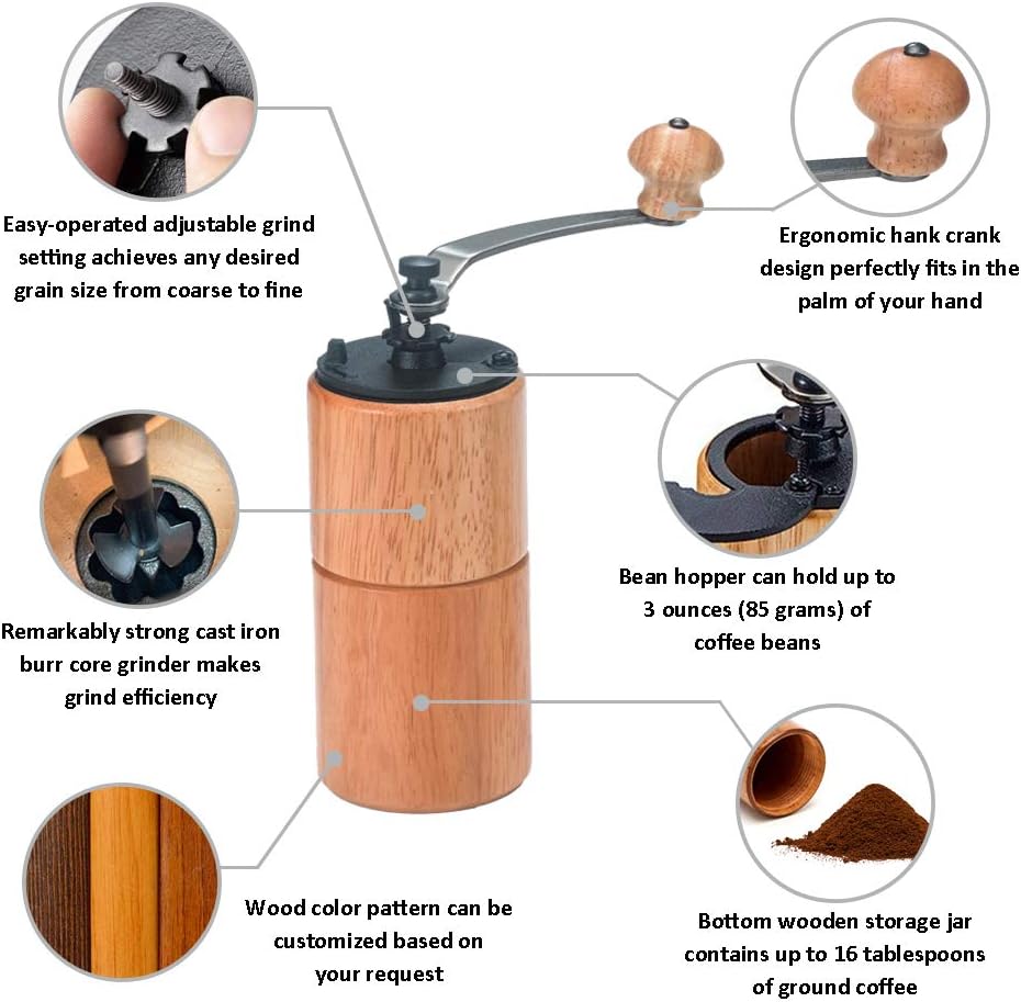Manual Coffee Grinder Wooden Mill with Cast Iron Burr, Hand Crank ...