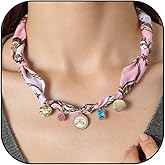 TACBSP Scarf Necklace with Charm for Women Gold Coin Bow Flower Star Chunky Heart Scarf Charm Necklace Adjustable Leopard Choker Necklace Boho Beach Jewelry Gifts for Women