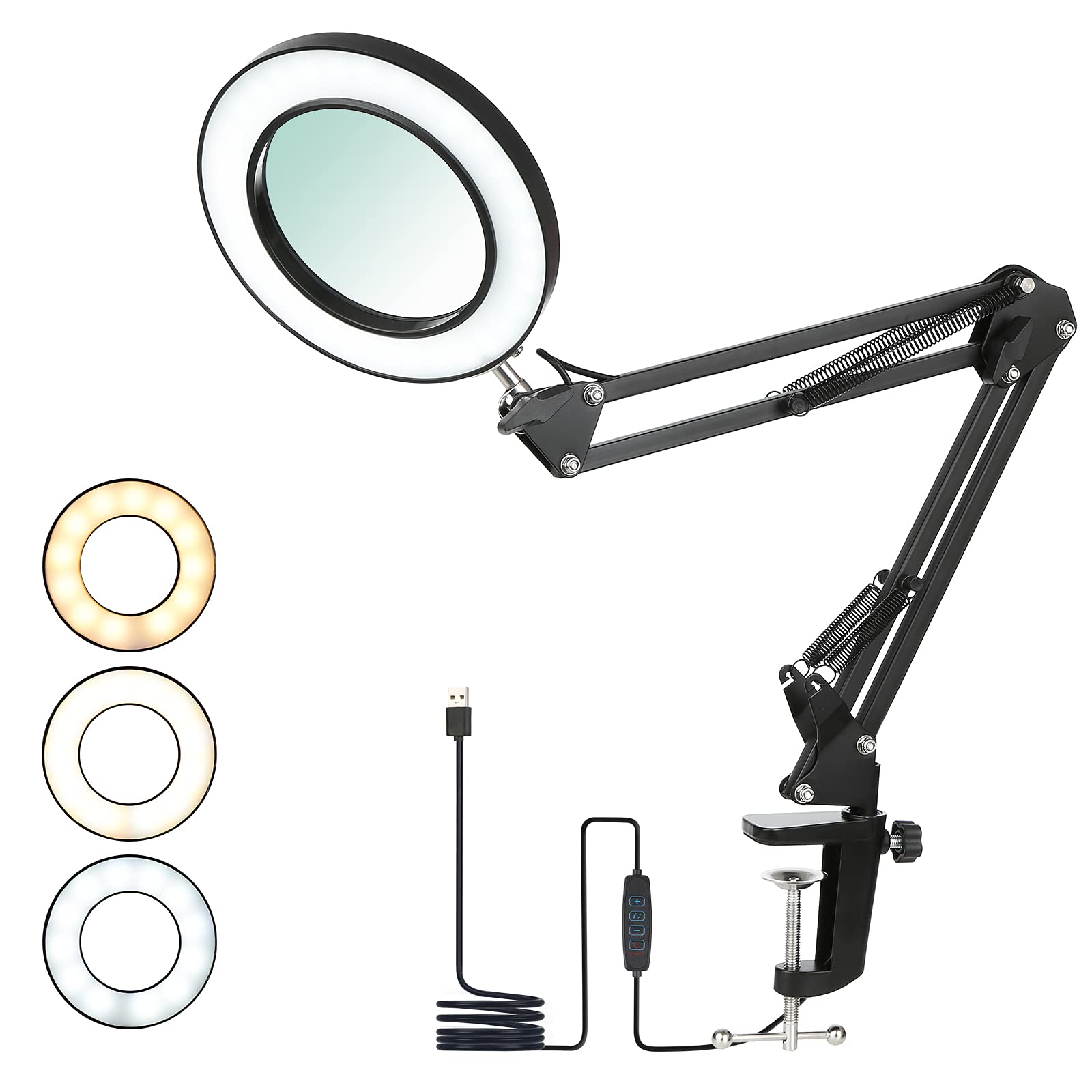 Tomshine Magnifying Desk Lamp with Clamp, 8X Magnifier Lamps 3 Colors & 10 Brightness Dimmable Magnifying Glass Led Lamp, 19 Inch Adjustable Swivel Arm Lamp Craft Light