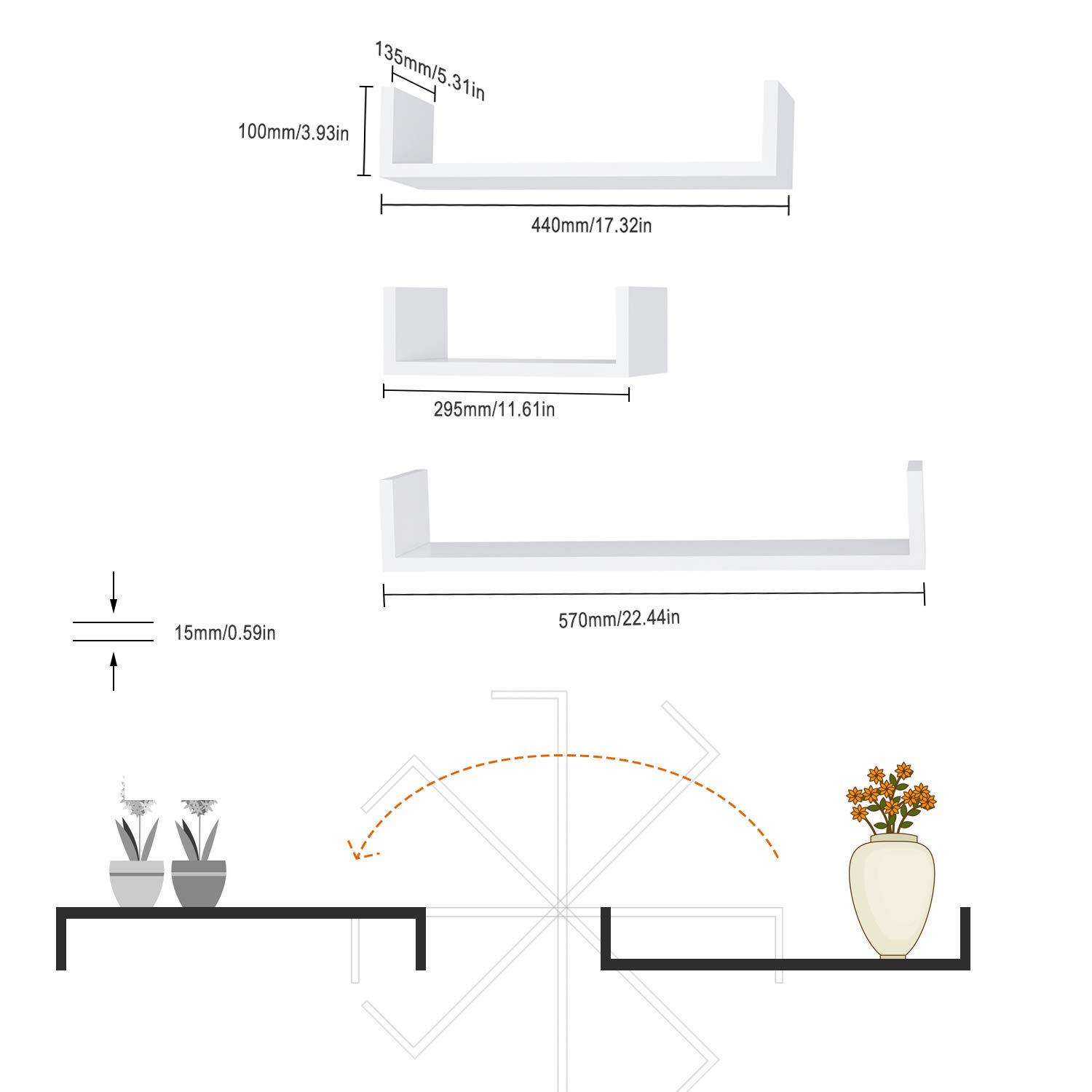 Jinguio Floating U Shelves Wall Mounted, Set of 3 (White)