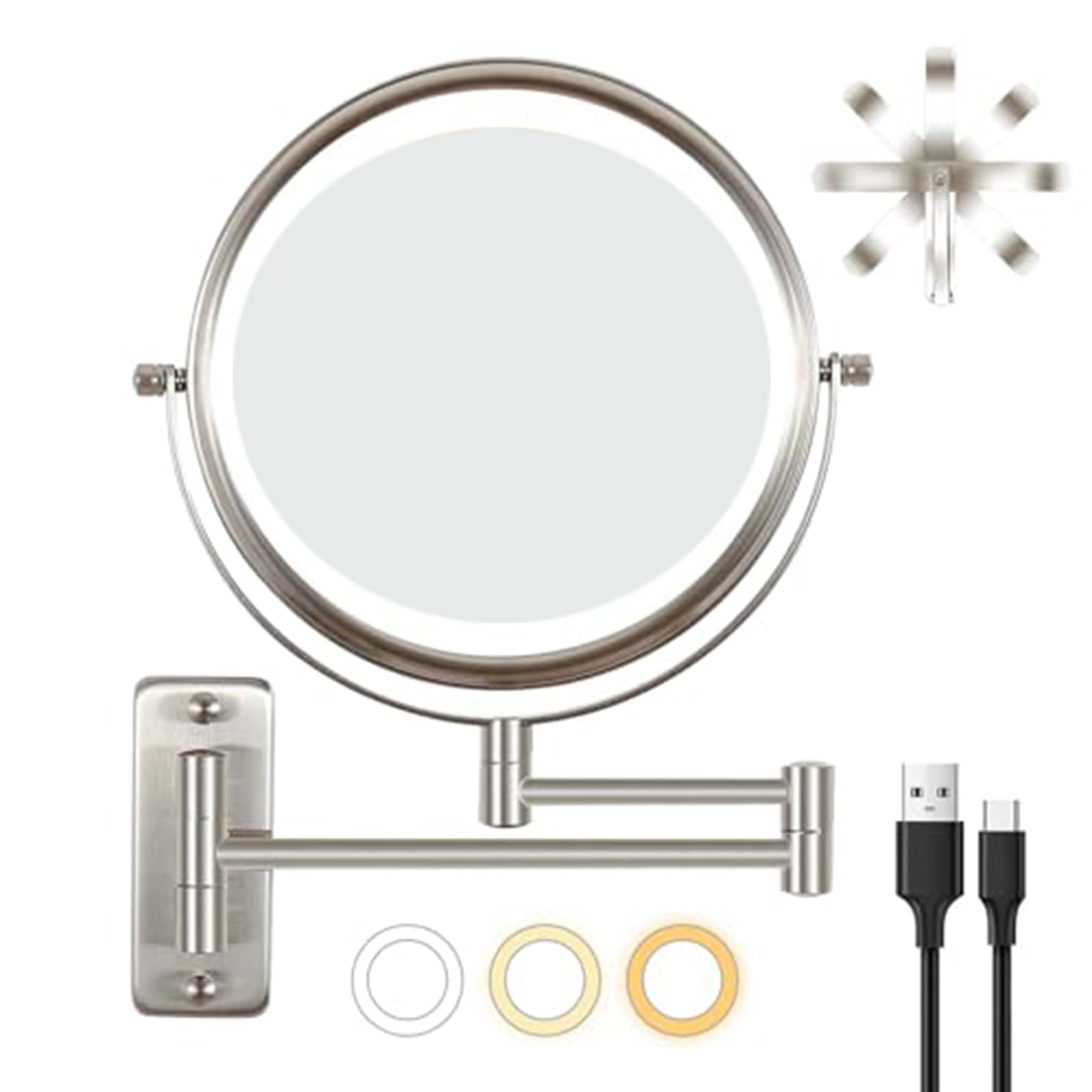 Kiavox Lighted Makeup Mirror Wall Mounted, 8 Inch 1X/10X Magnifying Mirrors with 3 Colors Dimmable Modes Extended Arm 360° Swivel, Rechargable Wall Mounted Makeup Vanity Mirror with Lights (Nickel)