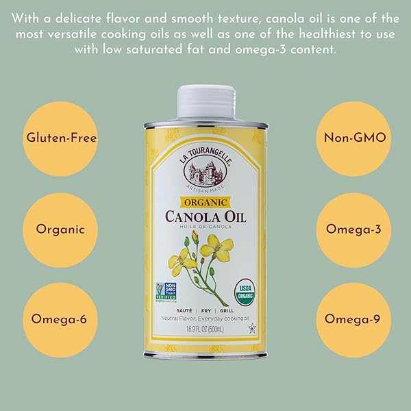 LA TOURANGELLE, ORGANIC CANOLA OIL, EXPELLER-PRESSED NON-GMO CANOLA SEEDS, PESTICIDE AND CHEMICAL FREE, HIGH HEAT NEUTRAL COOKING OIL, 33.8 FL OZ