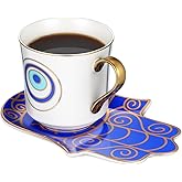 Kichvoe Evil Eye Coffee Mug Set: Tea Cup with Saucer - Turkish Blue Eye Espresso Mug Water Milk Drinking Cup with Ceramic Hamsa Hand Saucer Candy Plate Dish for Home Office