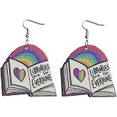 Wooden Pencil Drop Earring Classic Stack of Books Dangle Earrings Handmade Librarian Teacher Hook Earring for Women Teen Girl