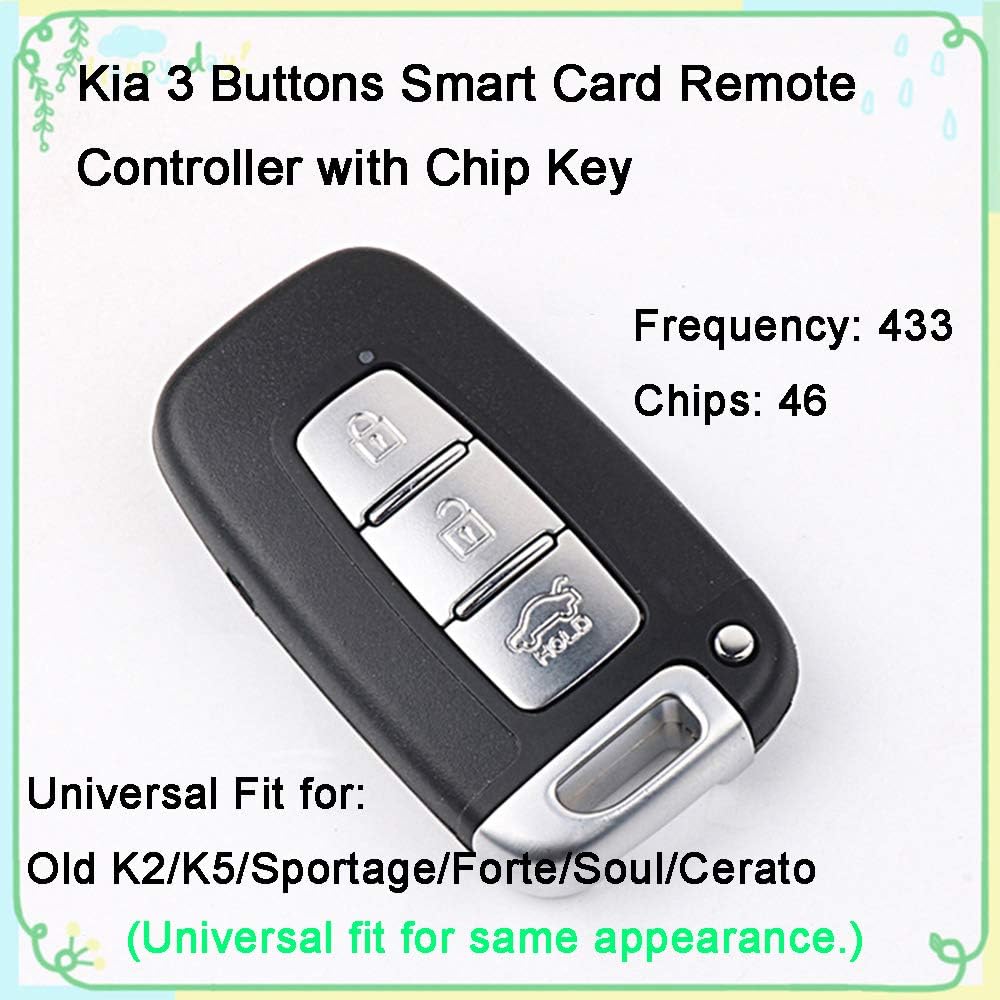 IDIYA 1 Sets 3-Buttons 433Hz Car Fob Keyless Entry Intelligent Smart Card Key Remote Control & Uncut 46 Chips Key Universal Replacement for Old Kia K2 K5 Sportage Forte Soul Cerato (Vertical Slot)