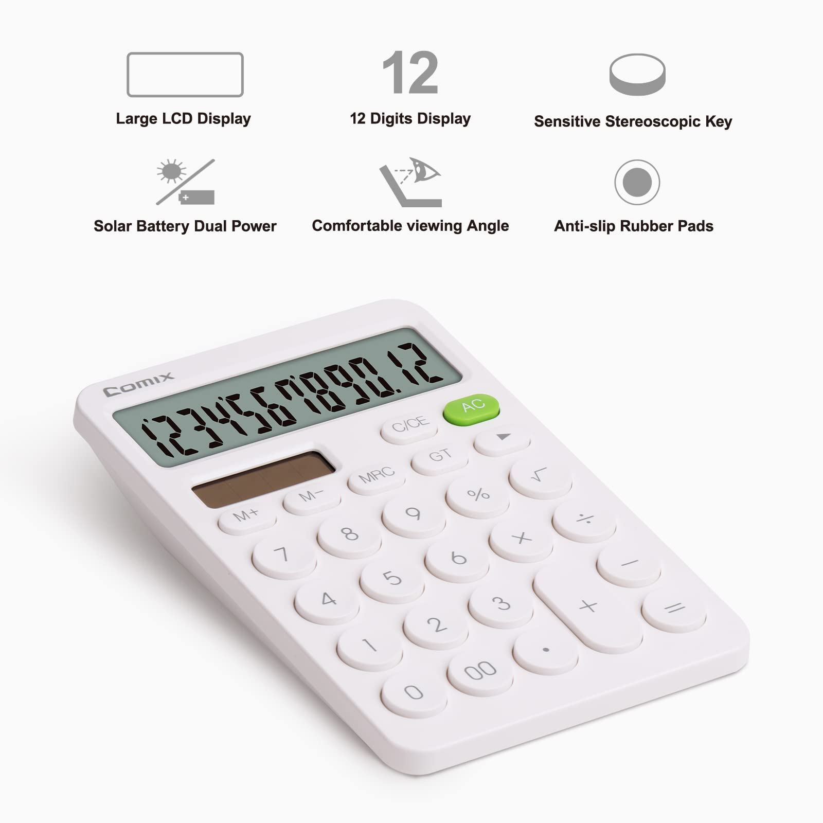 Comix Desktop Calculator with Large LCD Display and Big Button, 12 Digits Baisc Calculator, Standard Calculator, Solar Battery Dual Powered, for Office Home School & Business Use (White)