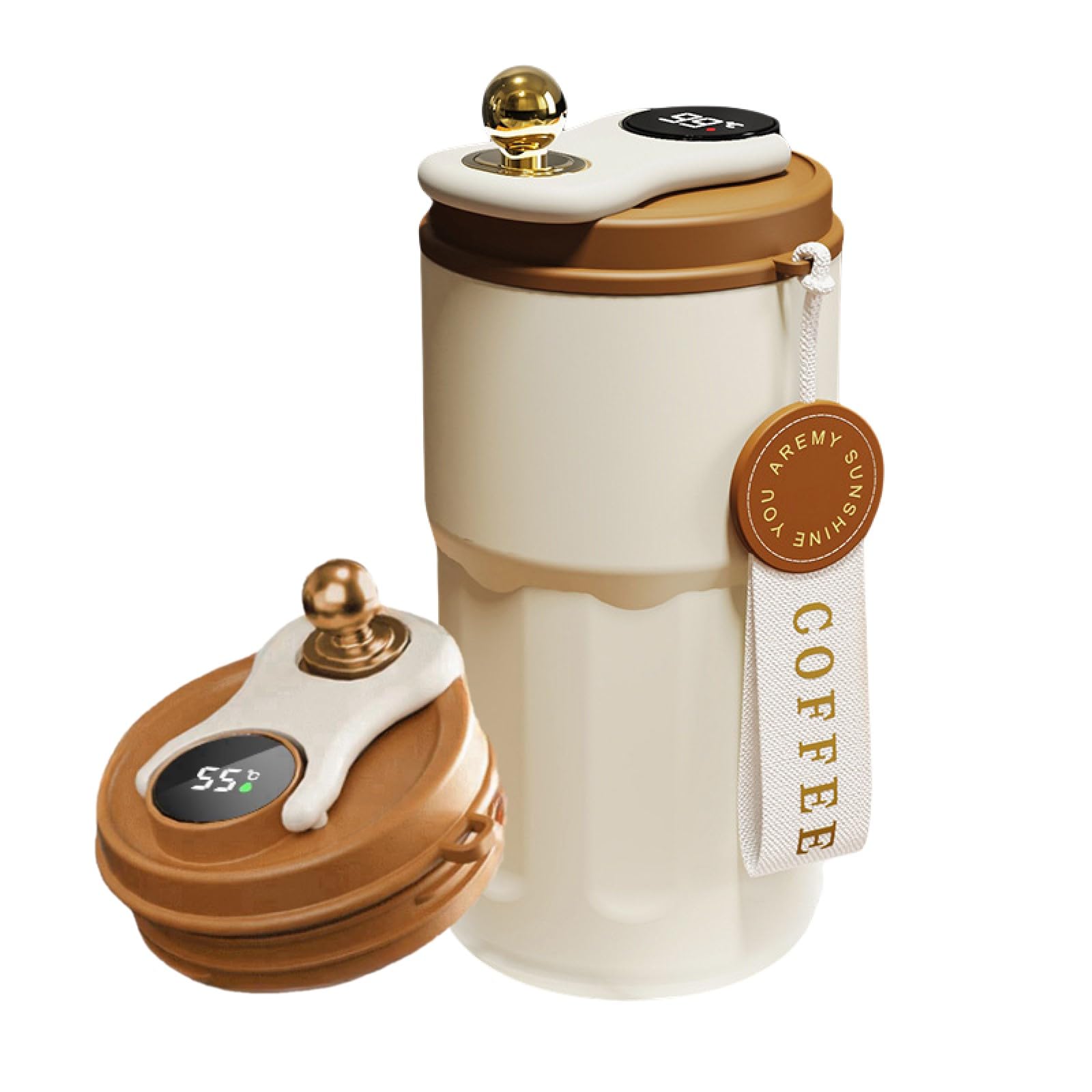 AMFUN 420ML Coffee Cup Travel Mugs,Water Bottle Flask with Temperature Display,316 Stainless Steel Leakproof Coffee Mug with Lids,Smart Mug Travel Mugs for Hot Drinks,Home School Office Travel (Brown)