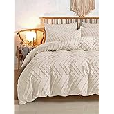 Nanko Beige Duvet Cover King Size, 3pc Boho Tufted Microfiber Bedding Comforter Cover Set, All Season Aesthetic Shabby Chic Soft Embroidery Textured Geometric Quilt Cover (104x90)