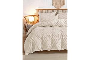Nanko Beige Duvet Cover Queen Size, 3pc Boho Tufted Microfiber Bedding Comforter Cover Set, All Season Aesthetic Shabby Chic Soft Embroidery Textured Geometric Quilt Cover (90x90)