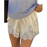 Comfy Satin Silk Lounge Shorts for Women Lace Trim Patchwork Elastic Waist Micro Shorts Coquette Slip Pettipants