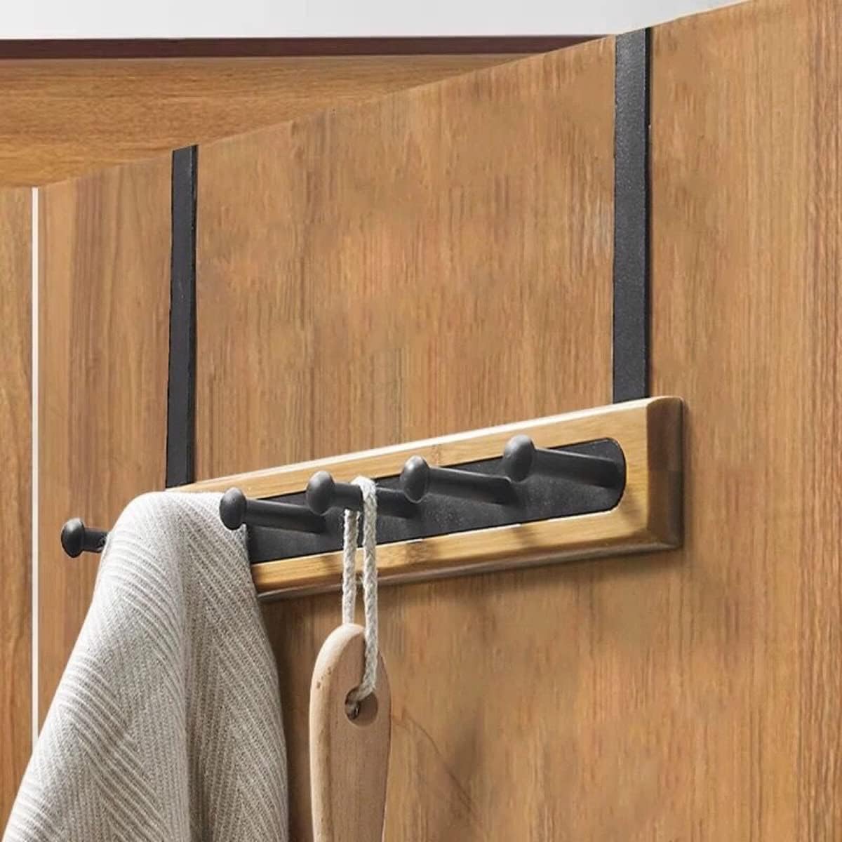 LANMOU Over Door Hanger 40cm (15.7") Over Door Hooks with 6 Hooks Heavy Duty Coat Hook Bamboo Wooden Doors Organizer Rack for Hanging Clothes, Keys, Towels, Hats