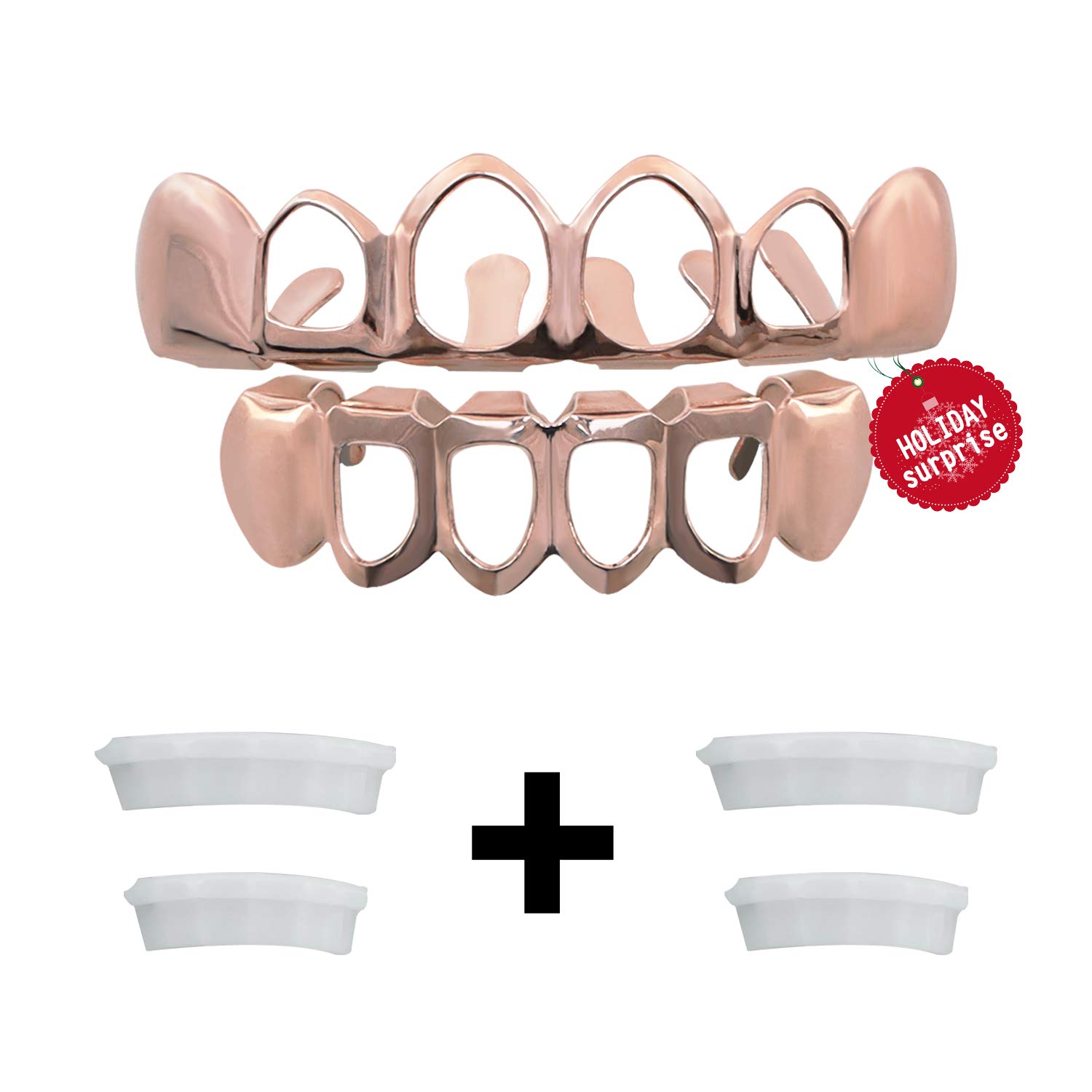 TSANLY Gold Grillz Teeth New Custom Fit Gift Teeth Grills Best Gift for Son 14k Gold Grillz Plated Open Face Teeth Grillz Caps Top & Bottom Grill Set for Kids + Microfiber Cloth
