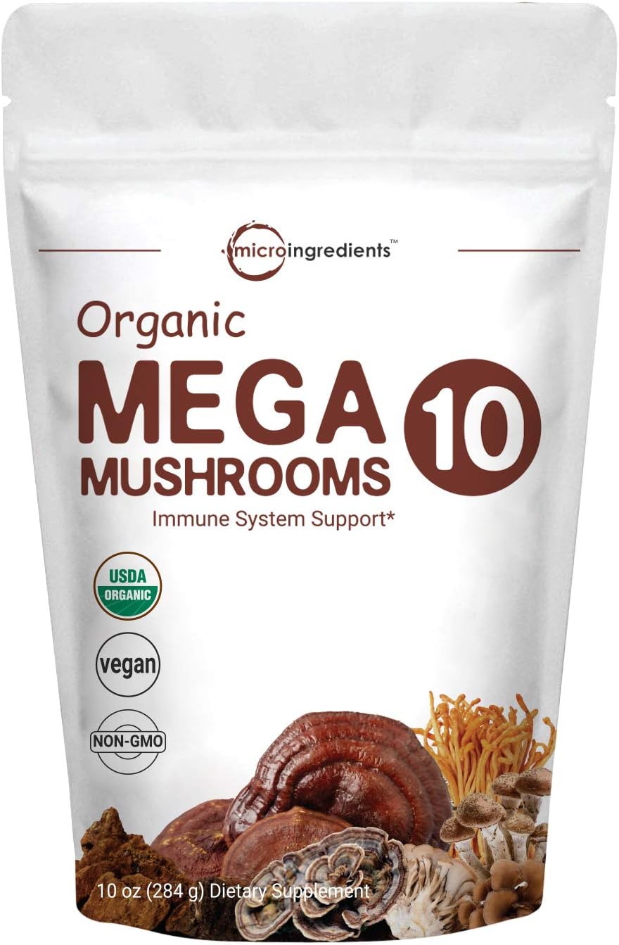Sustainably US Grown, Organic Mega 10 Mushroom Complex Powder for Immune System Booster, 10 Ounce (284 Grams), Chaga Mushroom, Lions Mane, Turkey Tail, Cordyceps, Reishi Mushroom & More, Vegan