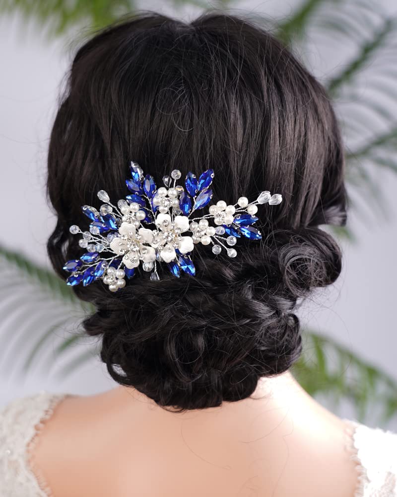 Kercisbeauty Flower Hair Comb for Women Wedding Bridal Crystal Hair Piece (Blue)