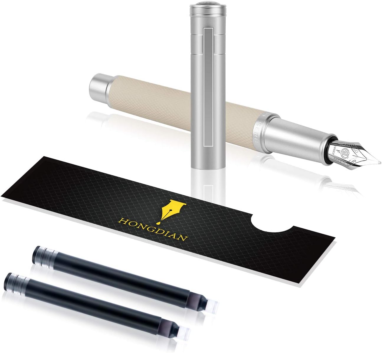 Fountain Pens Set -HONGDIAN Premium Silver Metal Chiselled Aluminum Body Fountain Pen - Extra Fine Nib - with 2 Refill Ink Cartridges - Luxury Gift Case - Perfect for Men & Women