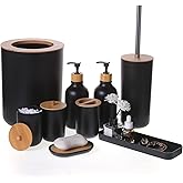 FNGJMJG Matte Black Bathroom Accessories Set 9PCS,Bamboo Bathroom Accessories Sets Complete with Trash Can,Soap Dispenser and Toothbrush Holder Set,Toilet Brush,Qtip Holder,Vanity Tray,Soap Dish