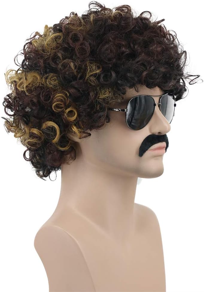 Karlery Men Women Short Curly Bob Brown Wig with Gold Mustache Rocker Disco Afro Wig for California Halloween Cosplay Party and Anime Costume - Image 3