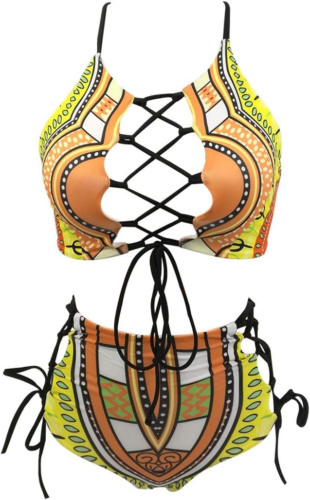 Women African Backless Bikini High Waist Tankini Bathing Suit Strap Swimsuit Set