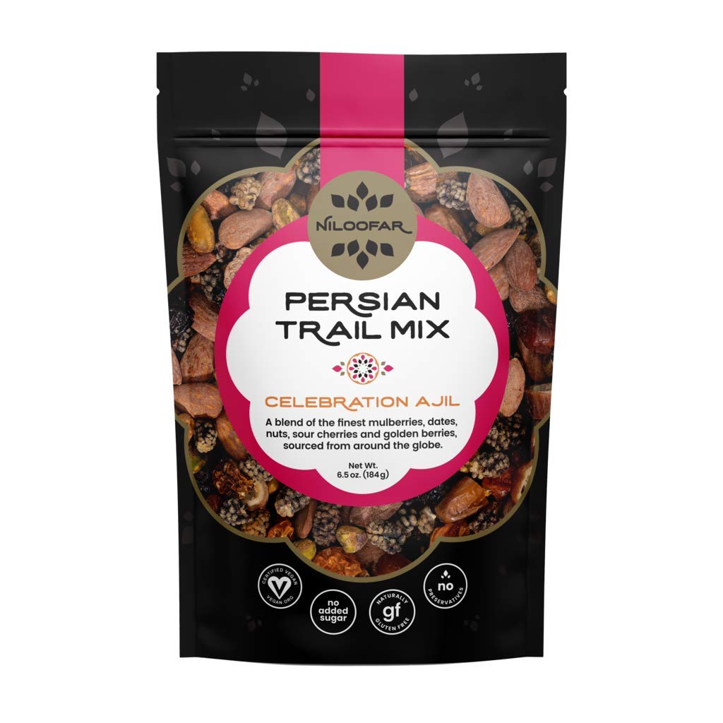 Niloofar Persian Trail Mix | Organic, Gluten Free, Certified Vegan Persian Snacks Superfood | With Mulberries, Dates, Pistachios, Sour Cherries, Other Organic Ingredients | Celebration Ajil - 1 Bag