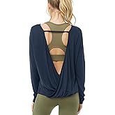 Muzniuer Women's Long Sleeve Open Back Workout Shirts Loose Backless Yoga Shirts Thumb Hole Shirts