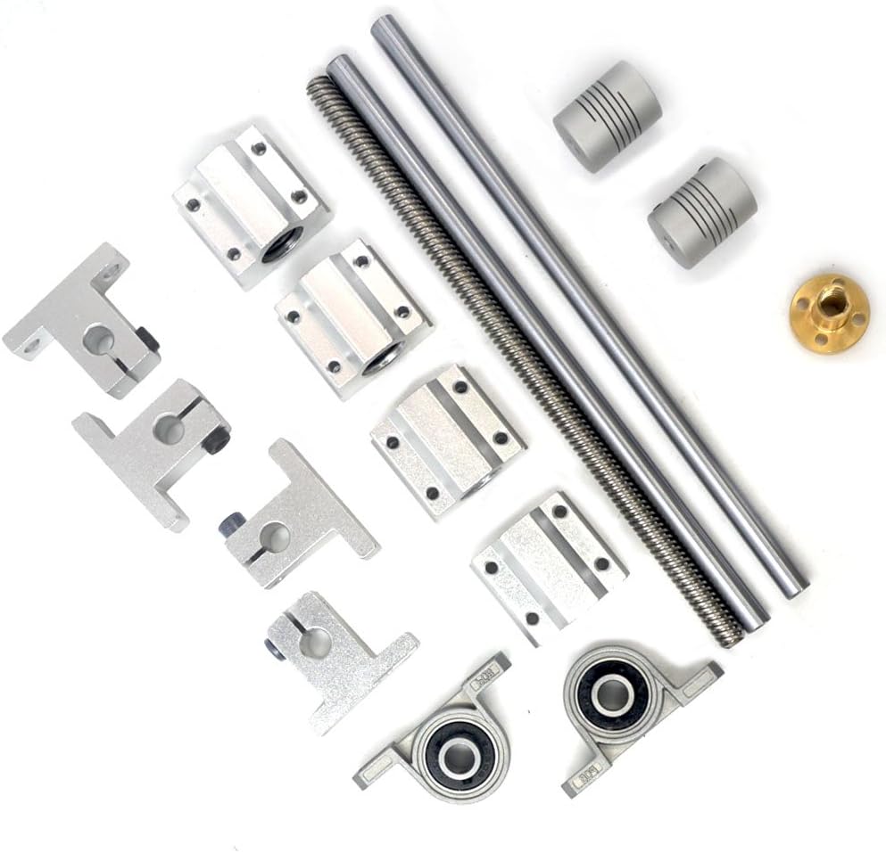 Glvanc, 3D Printer Guide Rail Sets T8 Horizontal 2mm Lead Screw Rod + L300mm Shaft Optical Axis + Pillow Block Bearing Slide Block with Dual Rail Shaft Support + Flexible Shaft Coupling 16Pcs