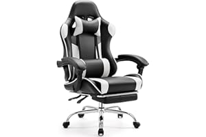 Sweetcrispy Video Game Desk Chair - Ergonomic Computer with Footrest and Comfy Lumbar Support, PU Leather Recliner with Headrest, Fixed Up Armrest, Height Adjustable with 360° Swivel, White, Adults