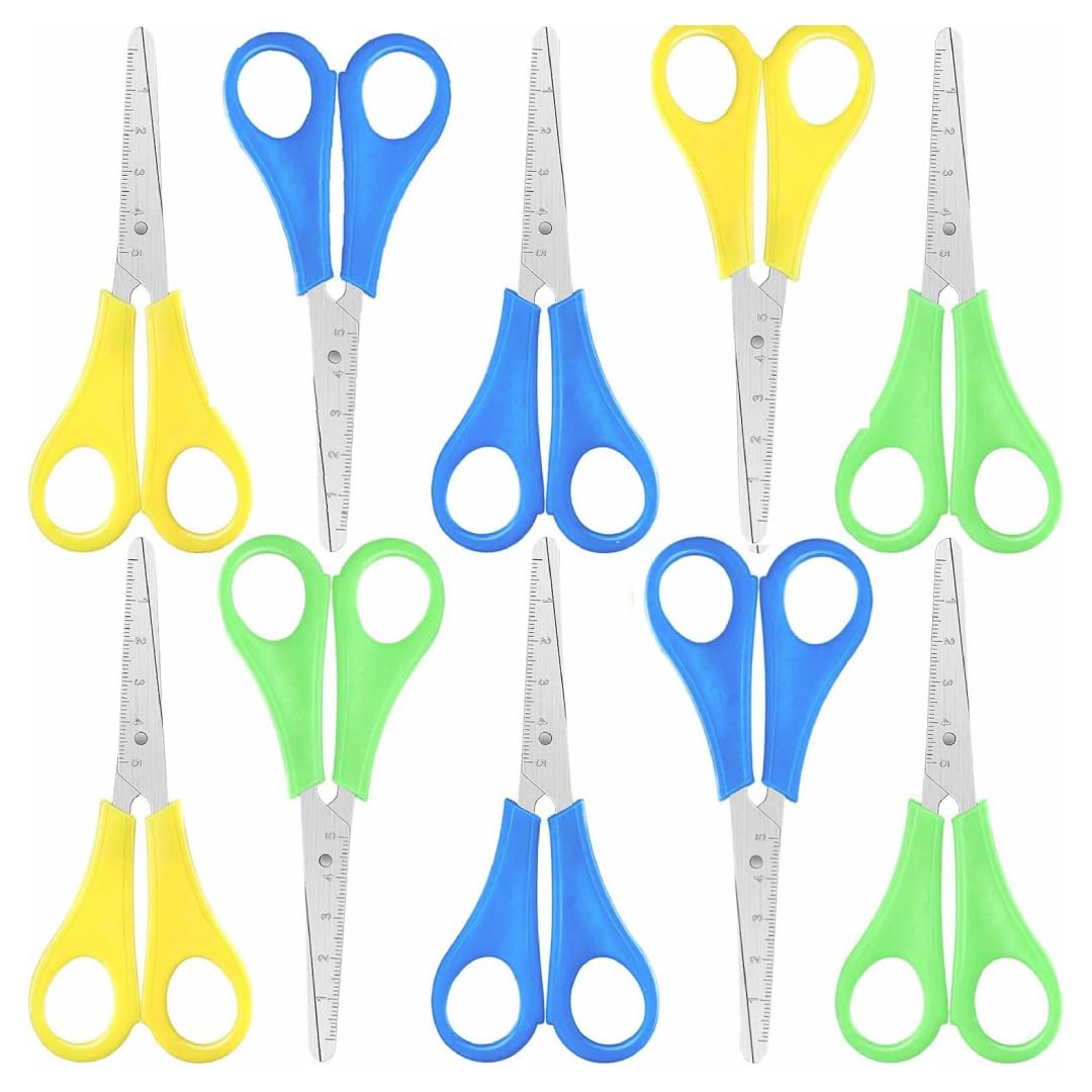 School Scissors COLOURFUL 1x 5x 10x 20x pack with Plastic Handles and Stainless Steel Blades Ruler Safety 130mm children kids blue yellow green craft (10 Pairs)