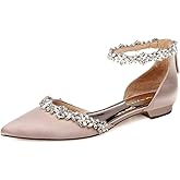XYD Women Classic Pointed Toe D'Orsay Wedding Flat Sandals Sparkly Rhinestones Ankle Strap Low Heel Dress Shoes with Zipper