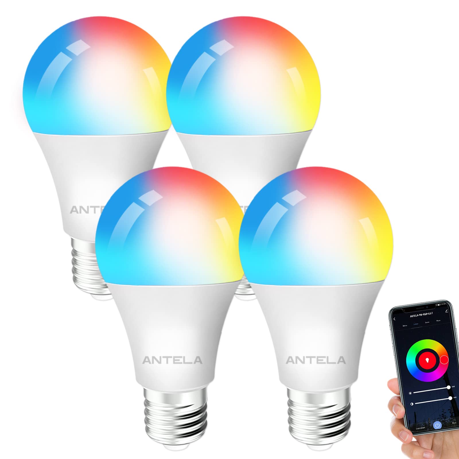 ANTELA Smart Bulb E27 Alexa WiFi Light Bulbs, 9W 1000LM LED Screw Bulb, 2700K-6500K RGB Multicolored Dimmable, Smart Life App Control, Compatible with Alexa, Google Home, No Hub Required, 4 Packs