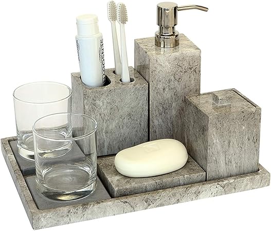 Badezimmer Zubehor Set Von 9 Stuck Beinhaltet Seifenspender Zahnburstenhalter Becher Becherhalter Seifenschale Tray Harz Nachahmung Marmor Textur Amazon De Kuche Haushalt