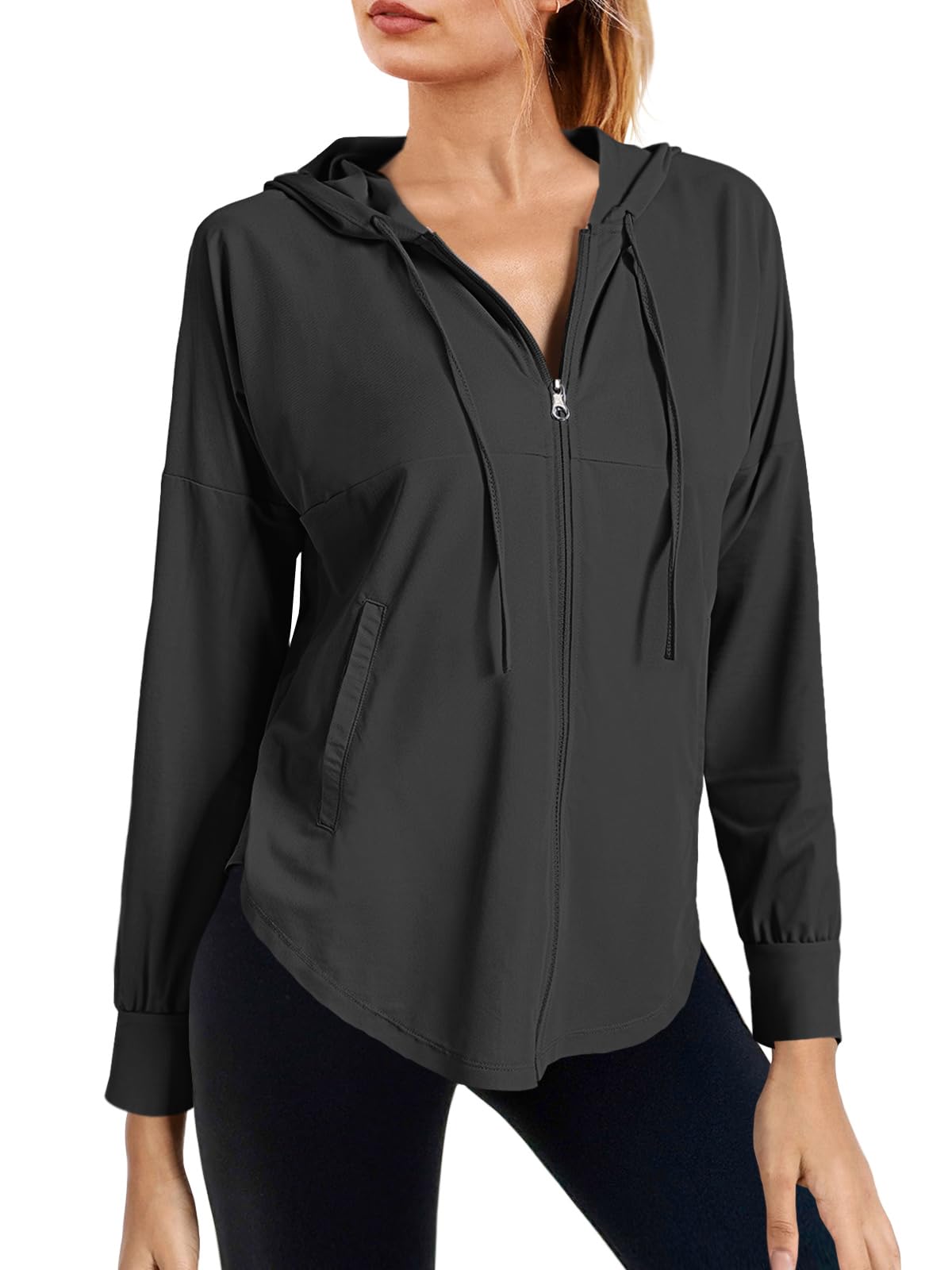 Photo 1 of (MEDIUM) Fisoew Womens Athletic Jacket Hoodie Zip Up Cropped Lightweight Jackets UPF 50+ Sun Protection Long Sleeve Workout Shirt