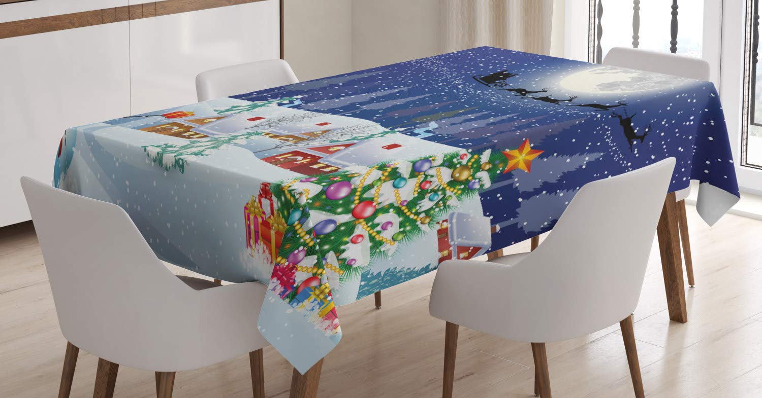 ABAKUHAUS Christmas Tablecloth, Winter Season Snowman Xmas Tree Santa Sleigh Moon Present Boxes Snow and Stars, Dining Room Kitchen Table Cover, 54" x 66", Blue-white