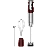 MEGAWISE Immersion Hand Blender 3-in-1, 12-Speed Stick Blender with Turbo, Egg Whisk &amp; Milk Frother for Soups, Sauces, Smoothies and Baby Food, Red