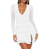 Mizoci Women's Sexy Long Sleeve Deep V Neck Mini Dress Ruched Ruffle Slit Bodycon Party Short Dresses