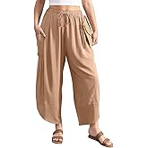TARSE Women's Linen Harem Pants Casual Loose Drawstring Elastic Waist Summer Beach Travel Vacation with Pockets