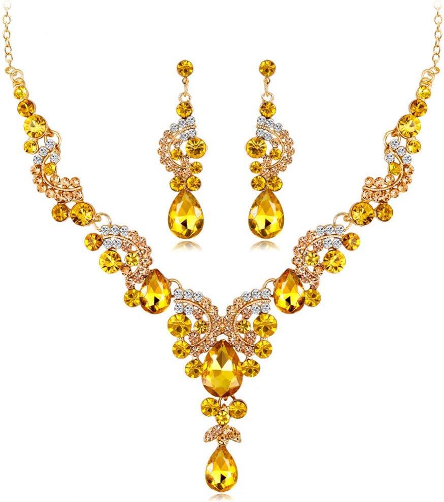 Women's Wedding Jewelry Set Austrian Crystals Cluster Statement Necklace Teardrop Dangle Earrings Set V Shaped Prom Jewelry Set Gift for Bridal Bridesmaid (Free Jewelry Box)