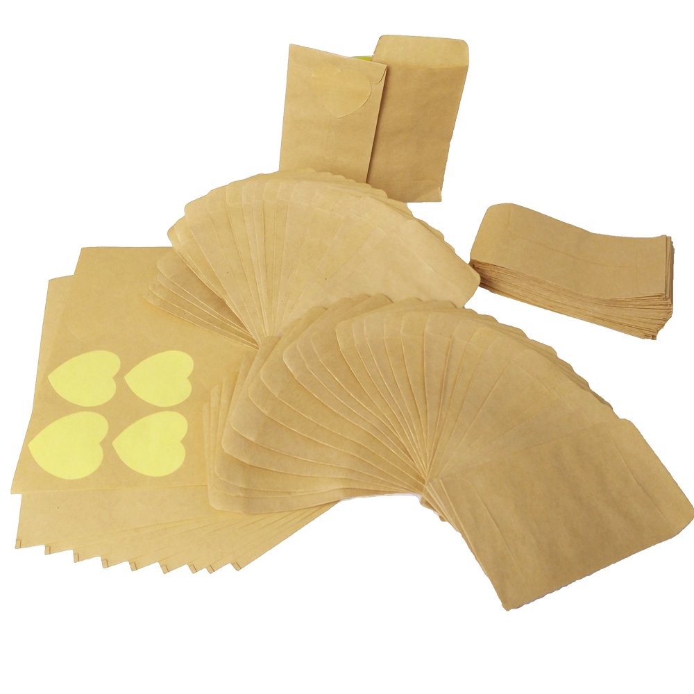 (13 x 9cm) 100 Bags Kraft Paper Bag for Candy Seed +（4.5cm）120pcs Heart-Shaped Kraft Paper Sticker (6 * 10CM 100PCS)