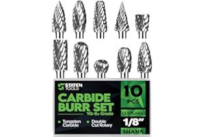 STATEN TOOLS 1/8" Carbide Burr Set – 10 Pcs Double Cut Die Grinder Bits for Milling, Carving, Engraving, Drilling Wood & Metals – YG-8x Carbide Drill Bit Set for Rotary Tools & Die Grinders