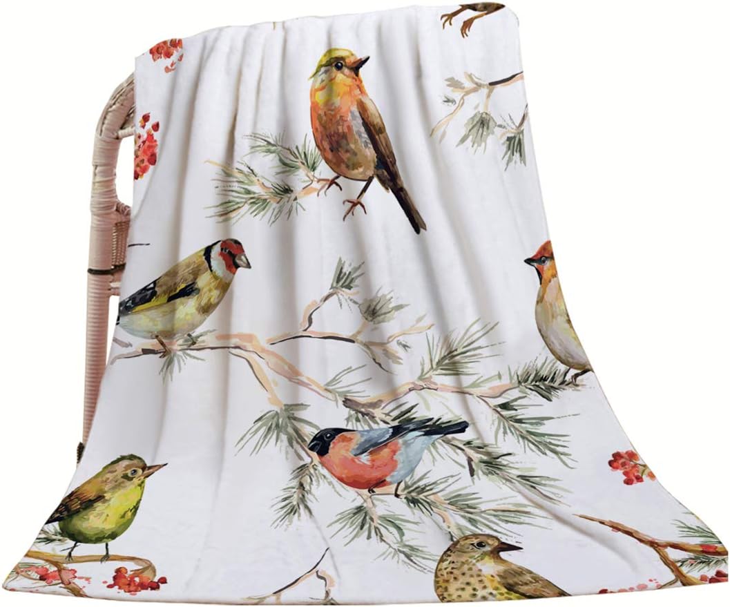 HGOD DESIGNS Bird Throw Blanket,Vintage Watercolor Forest Birds Painting Design Soft