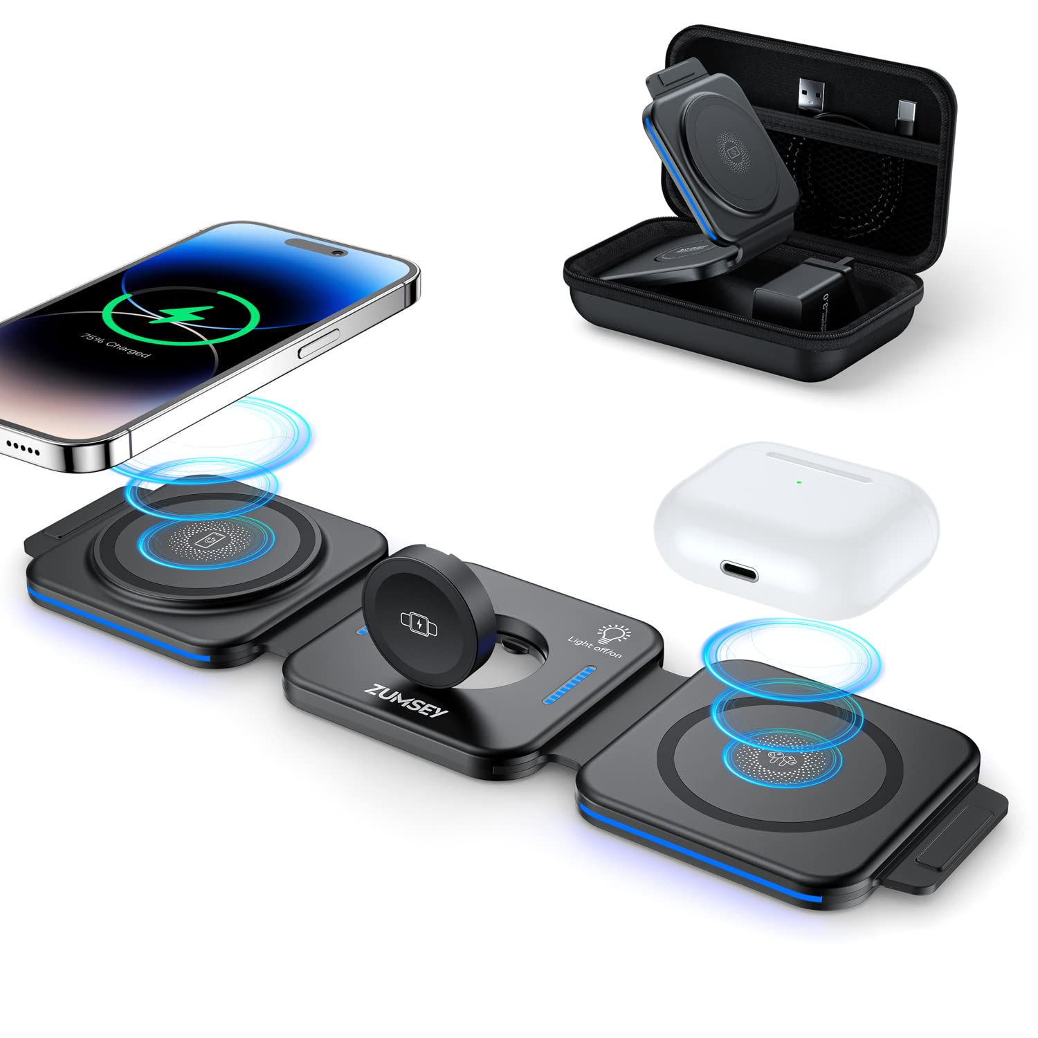 ZUMSEY 3 in 1 Wireless Charging Station for Apple, Wireless Charger for iPhone 17 Pro Max/16/15/14/13/12, Travel Wireless Charger for Apple Watch Ultra 3/11/10/9/Ultra 2/Ultra, for AirPods Pro 3/4/3/2